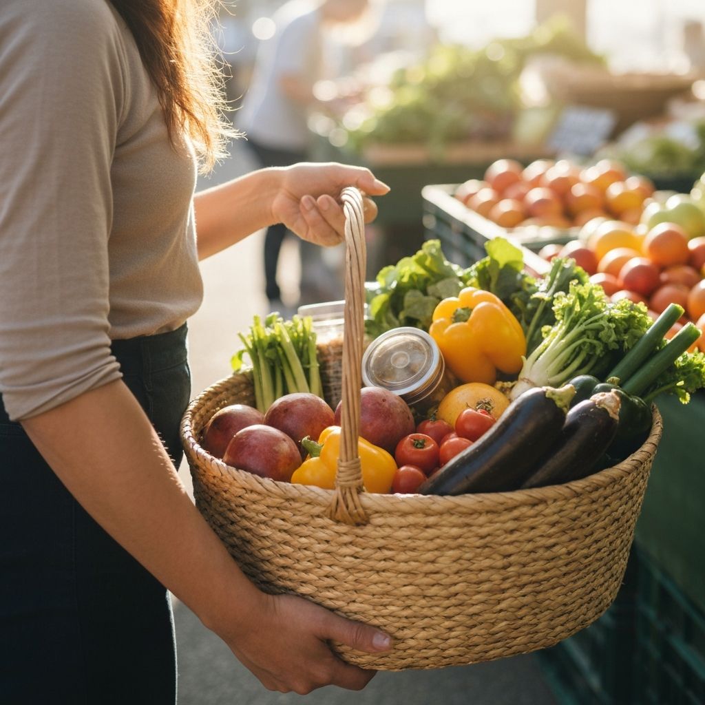 Пазаруване на пазара с кошница с пресни плодове и зеленчуци